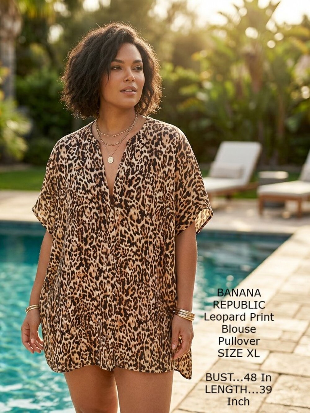 BANANA REPUBLIC Blouse Tunic XL Pullover Leopard Print V Cut Front BIN 2